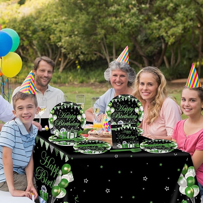 Green Happy Birthday Party Supplies Green Silver Black Party Tableware Includes Confetti Sprinkles Plates Napkins Fork and Green Birthday Tablecloth for Birthday Parties Decorations Set Serve 20
