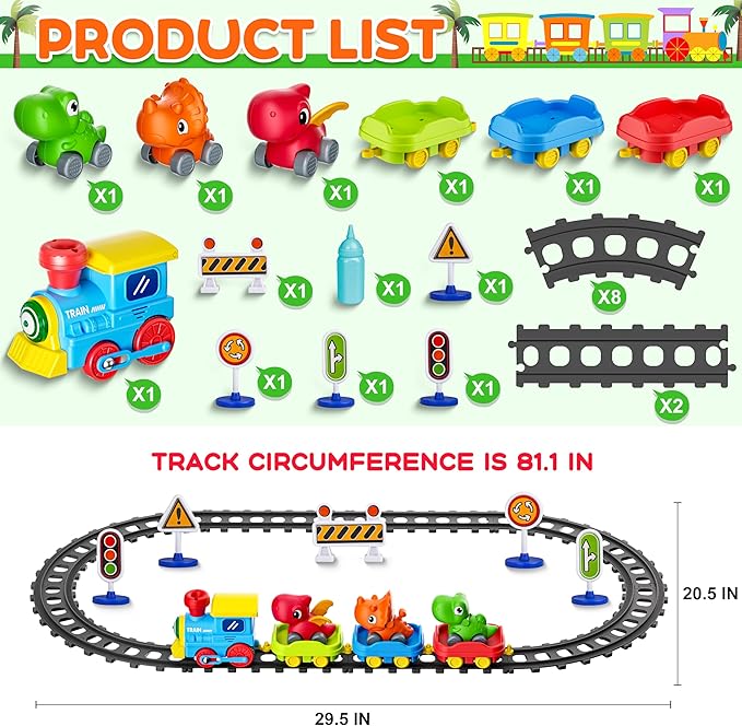 Train Set for Toddlers w/Steam, Music & Lights - Electric Train Toys for Kids w/Tracks Accessories, Including 3 Dinosaur Car and 3 Trailer, Christmas Birthday Gifts for 1-3 4 5 6+ Years Old Boys Girls