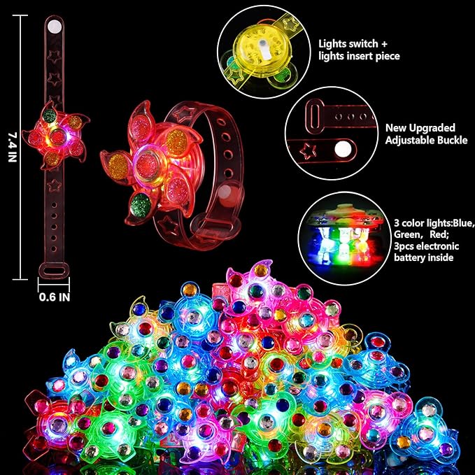 SCIONE 24pack LED Light Up Fidget Spinner Bracelets, Glow in The Dark Party Favors for Kids 4-8 8-12, Treasure Box Toys for Classroom, Birthday Gifts, Valentines Day Gifts Goodie Bags Stuffers