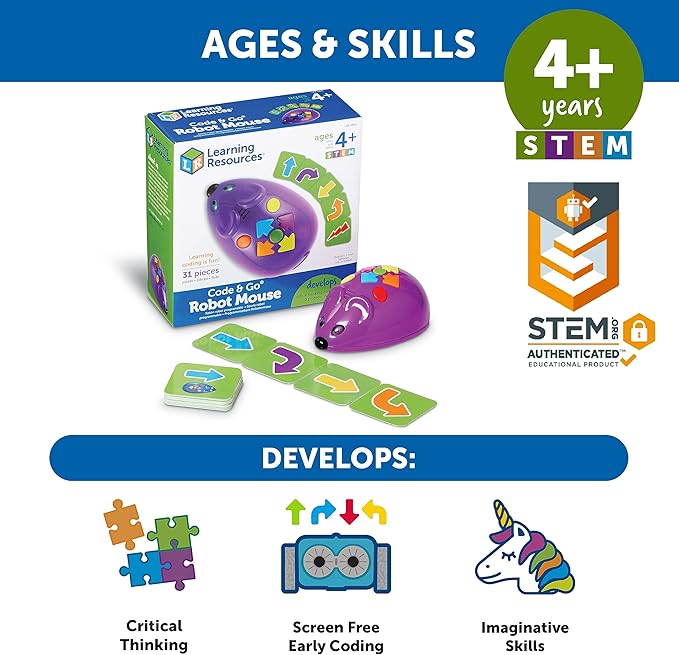 Learning Resources Code & Go Robot Mouse - 31 Pieces, Ages 4+, Coding STEM Toys, Screen-Free Coding Toys for Kids