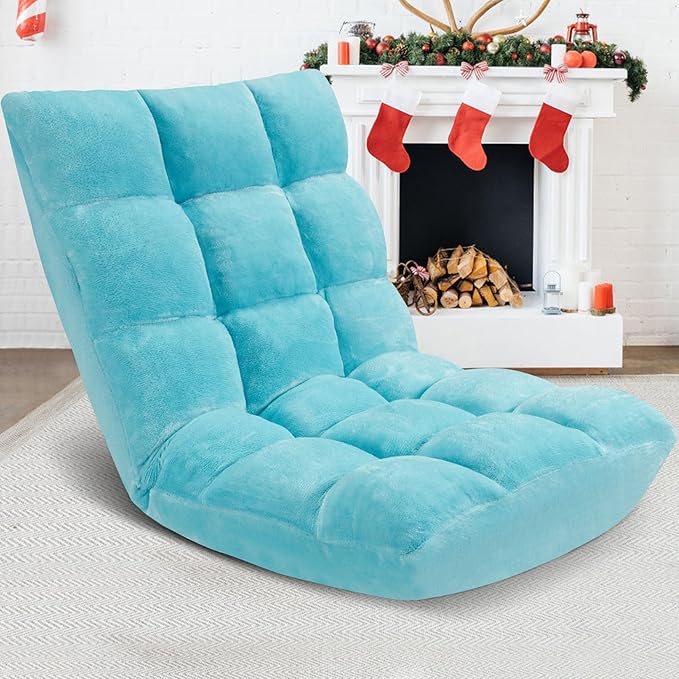 Folding Floor Chair 14-Position Cushioned Adjustable Floor Lazy Sofa Chair w/Breathable Cotton & Skin-Friendly Flannel for Adults & Kids Ideal for Reading Meditating, Blue