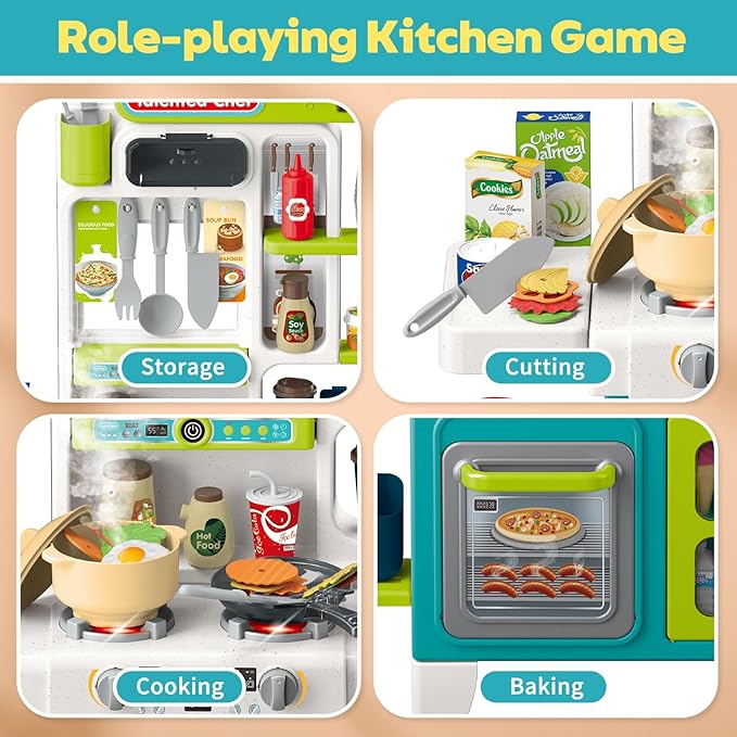 CUTE STONE Kids Kitchen Playset, Play Kitchen for Toddlers, Play Sink with Manual Faucet, Cooking Stove with Steam, Sound and Light, Play Kitchen Accessories, Pretend Toy Kitchen Set for Kids, 40" H
