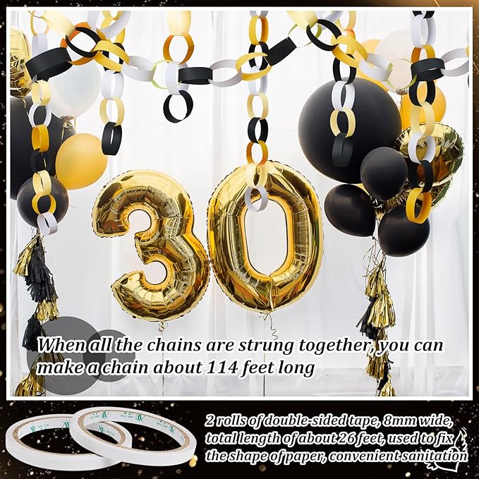 Lincia 600 Sheet Paper Chain Garland Strips 1x8 Inch with Double Sided Tape, DIY Construction Paper Chains for Birthday Wedding Holiday Party Decorations, Crafts Supplies (Black Gold)