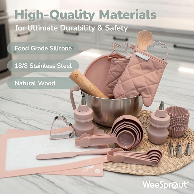 Ultimate Baking Kit for Kids - Kids Baking Set with Child Sized Utensils - Includes Apron, Oven Mitts, Silicone Mats & Liners - Perfect Cooking Set for Kids Ages 6-12 - Gift for Children – Pink