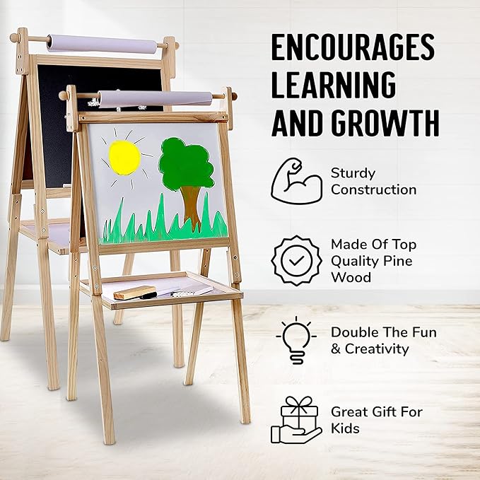 Kraftic Deluxe Standing Art Easel for Kids - Toddler Drawing Chalkboard, Magnetic Whiteboard, Dry Erase Board, Paper Roll and Accessories