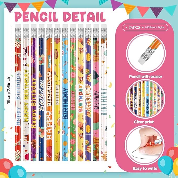 Sabary 48 Pcs Happy Birthday Pencils Rubber Bracelets Set Birthday Party Favors Birthday Pencils Silicone Wristbands Birthday Bracelet for Kids Students Teachers Classroom Reward Gifts (Cute Style)