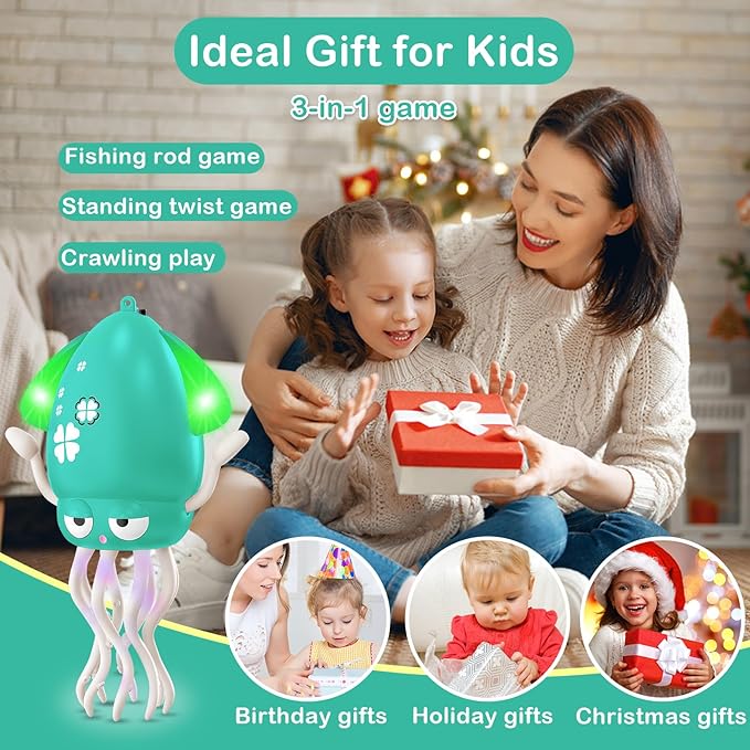 Plnmlls Dancing Octopus Toy,Tummy Time Toys,with Music and LED Light,Built-in Rechargeable Battery and Volume Can be Turned Off for 6-12 12-18 36 Months Walking Toddler Birthday Gift(Green)