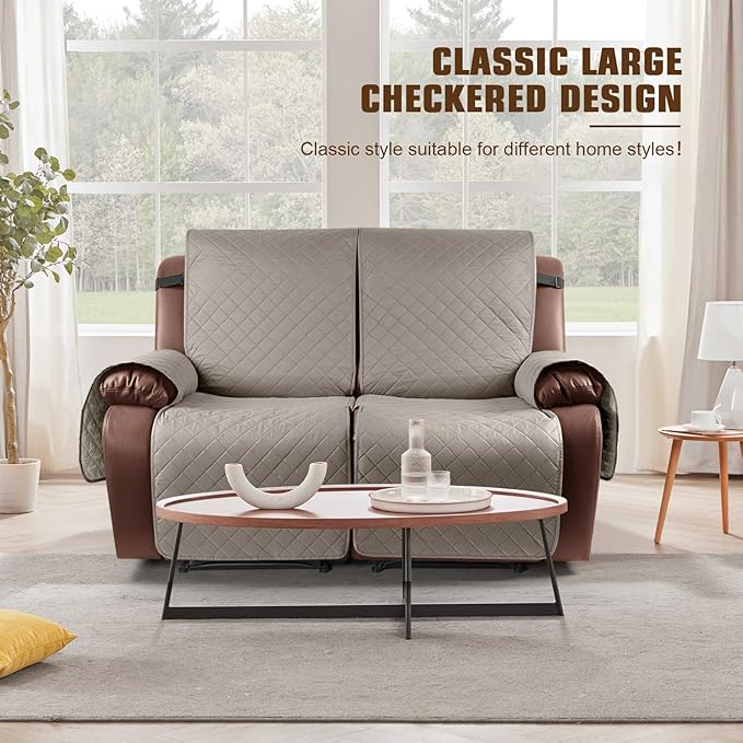 KinCam Waterproof Oversized Loveseat Recliner Cover, Non-Slip Reclining Couch Covers for 2 Seat, Recliner Sofa Cover Furniture Protector with Elastic Straps for Kids, Pets, Khaki
