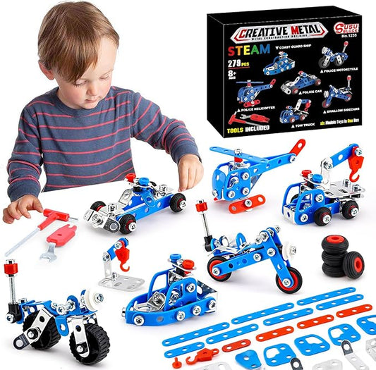 Stem Building Toys for Boys Age 8-12,Police Toys 6 Mini Metal Model Set for Kids,Erector Set for Boys Age 8-12,Assembly Science Kit Educational Gifts For Kids 8 9 10 11 12-16 Years Old(279 Pieces)
