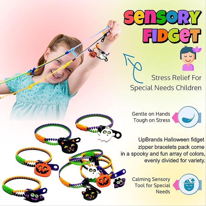 UpBrands 72-Pack Halloween Fidget Zipper Bracelets Bulk - Exciting Sensory Toys for Kids & Adults, Perfect for Fun Halloween Goodie Bags Stuffers and Party Favors Kit