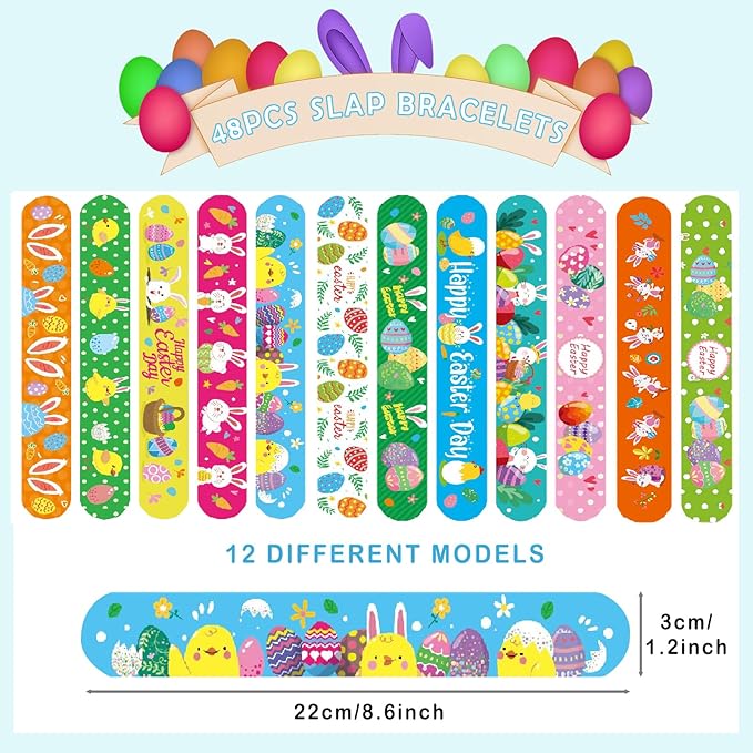Viicoor Easter Slap Bracelets 48 PCS Snap Bracelet Party Favors Basket Bag Filler School Prizes Birthday Gifts Party Favors Easter Gifts Bulk (#20-Easter-48pcs)
