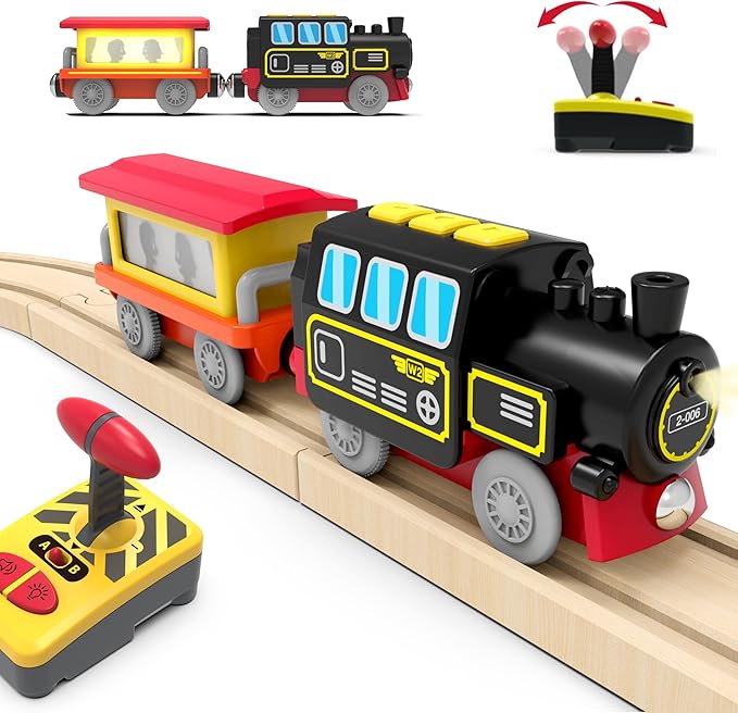Motorized Train for Wooden Track, Remote Control Train with Magnetic Connection, Battery Operated Locomotive Trains for Toddlers, Compatible with Thomas, Brio, Chuggington