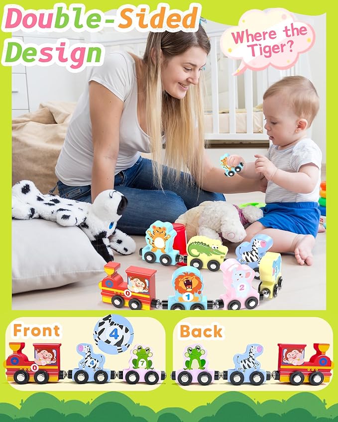 11 Pcs Magnetic Train Set Montessori Toys for 1 2 3 Years Old Toddlers Boys Girls, Wooden Animals Preschool Learning Activities Educational Sensory Toys Birthday Gifts Ages 1-3, 2-4