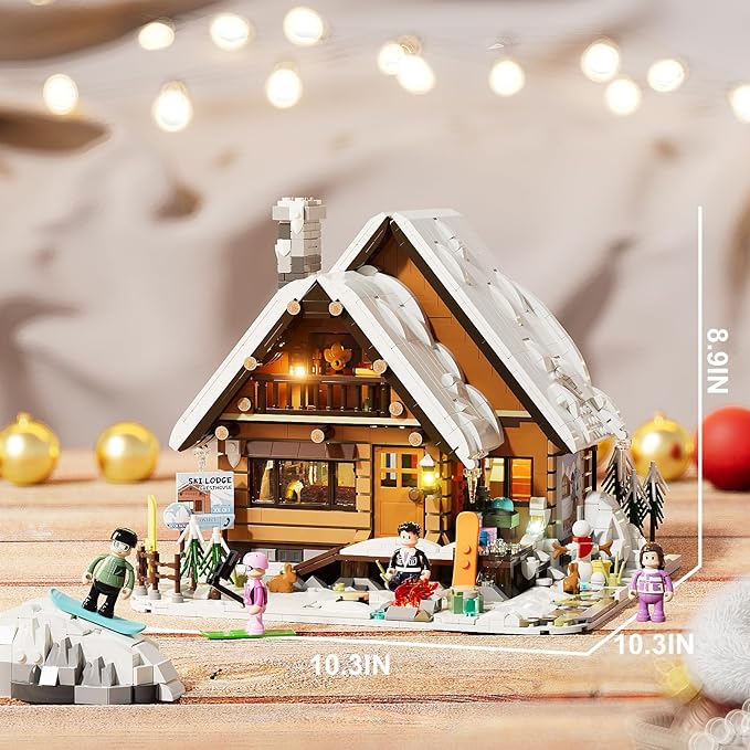 FUNWHOLE Christmas Ski-Cabin Lighting Building-Bricks-Set - Retro Christmas Winter Snow House Collection LED Light Building Construction Holiday Model Set 2187 Pcs for Adults and Teen