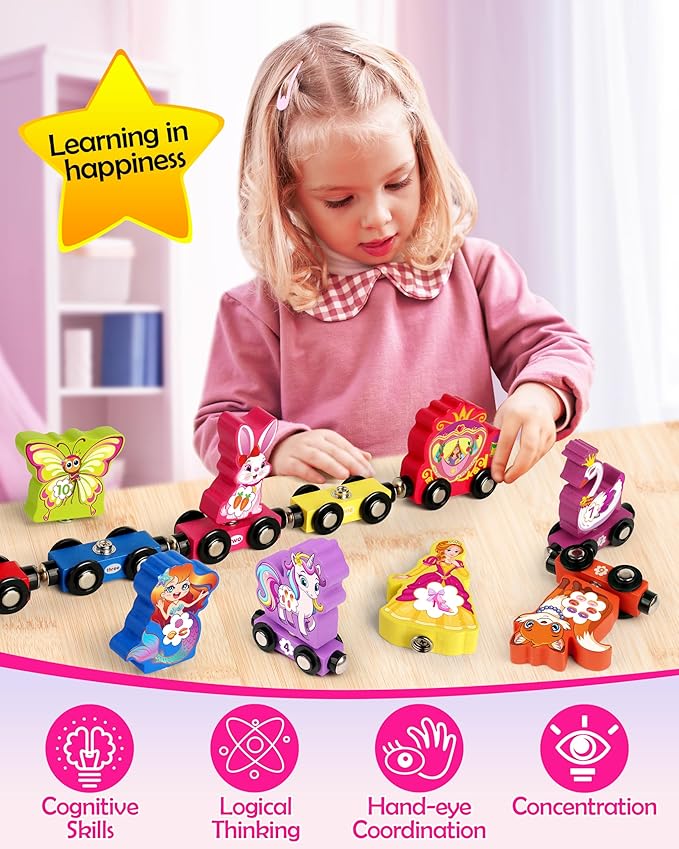 Helsort Wooden Number Train Set for Toddlers, Magnetic Unicorn Trains Toys, Numbers Matching Game for Ages3-5, Toddler Learning Toys, Fine Motor Skills Preschool Activities Birthday Gifts for Girls