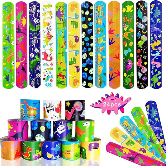 Viicoor 24 PCS Slap Bracelets Dinosaur Snap Bracelet Wrisrtband for Party Favors School Prizes Birthday Gifts Party Favors Bulk (10-Dinosaurs-24PCS)