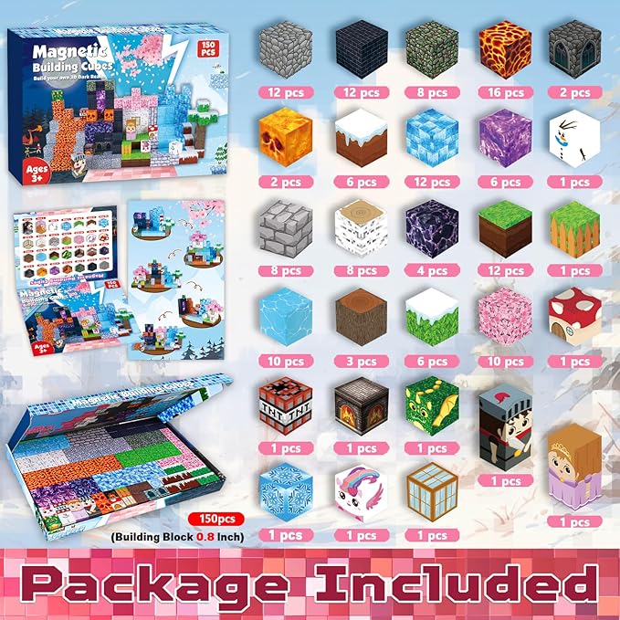 Magnetic Blocks-150PCS Magnetic Building Blocks Magnetic Cubes Stacking Dark Forest Glacier Castle, STEM Montessori Sensory Toys for Kids Boys Girls Ages 4-8 Holiday Birthday Easter Gifts