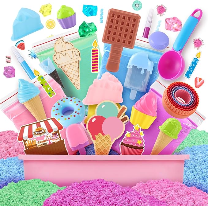 G.C Ice Cream Sensory Bin for Girl Kid Toy, 108pcs Play Sand Art Kit with Sandbox/2lb Color Sand/Cake Molds/Plastic Dessert, Sensory Toy Christmas Birthday Gift for Girl Toddler Ages 3 4 5 6 7 8