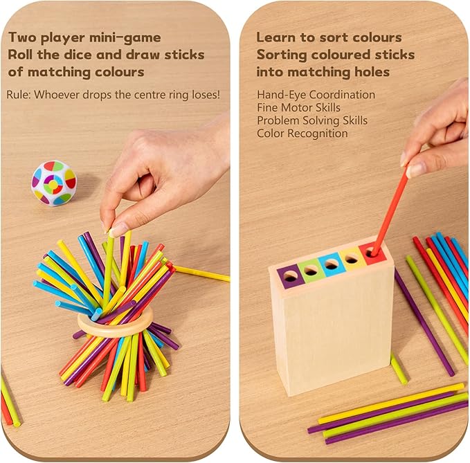 Montessori Toys for 3 Year Old Fine Motor Skills Toys for 5 Year Old Wooden Board Game Operation Games Educational Toys with Colorful Sticks, Dice & Stones, Family Game Gifts for Age 4 5 6 Boys Girls