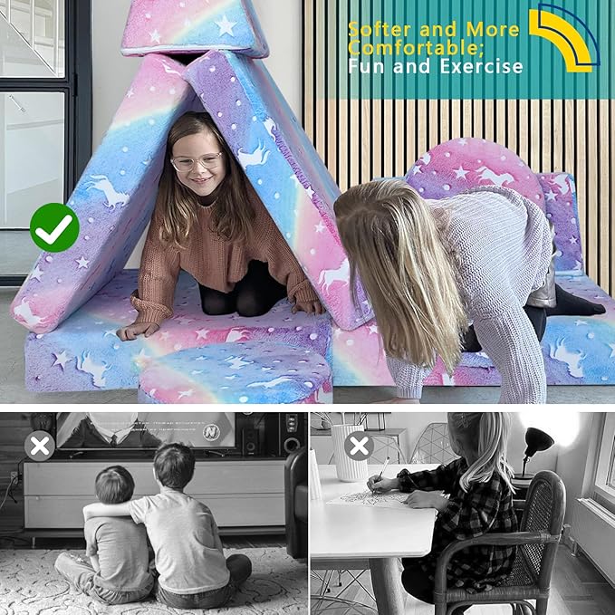 MeMoreCool Modular Glow Sofa for Kids, 8-Piece Convertible Foam Couch Play Set with Unicorn, Rainbow, and Star Pattern for Toddlers and Playroom