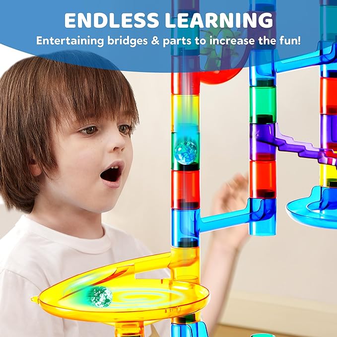 JOYIN 150Pcs Glowing Marble Run- Construction Building Blocks Toys with 5 Glow in The Dark Glass Marbles, STEM Educational Building Block Toy