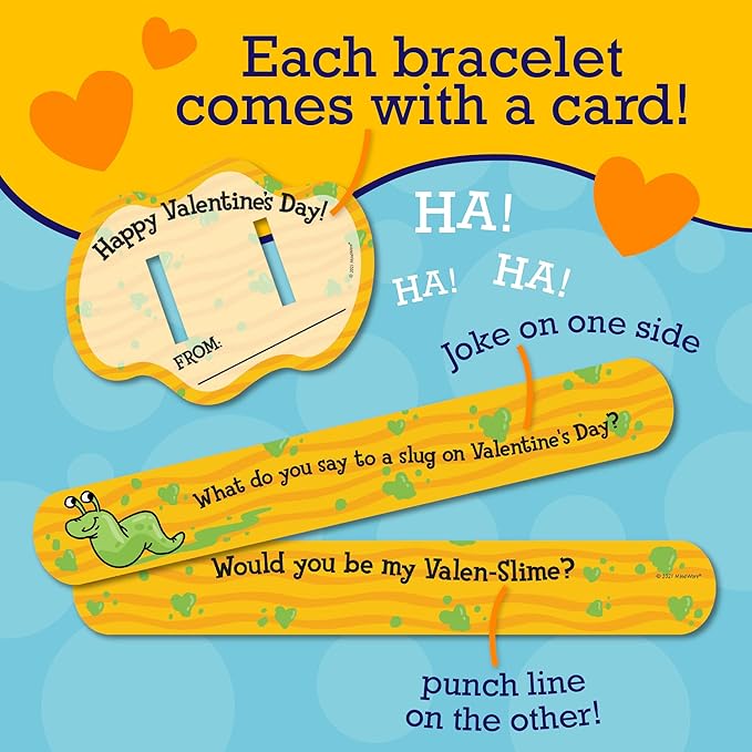Peaceable Kingdom Valentines Cards for Kids Classroom, Set of 28 Valentines Day Gifts - Jokes Slap Bracelets
