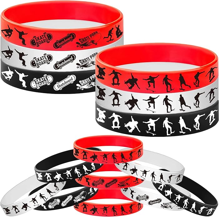 48PCS Skateboard Rubber Bracelets Silicone Wristbands -Sport Party Supplies Skateboarding/Freedom/Innovation/Extreme Sports Birthday Baby Shower Party Favors