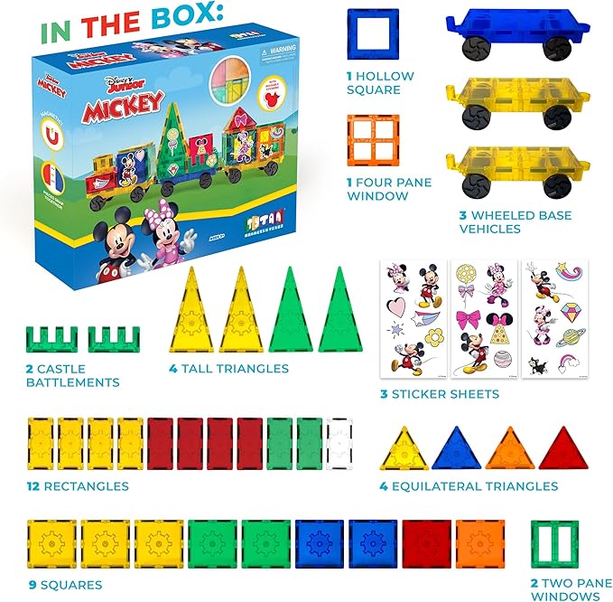 Official Disney Junior Mickey Train Magnetic Tile Set – 41-Piece STEM Building Kit with Wheeled Base Cars, Reusable Stickers & Learning Workbook – Educational Toy for Kids Ages 3+