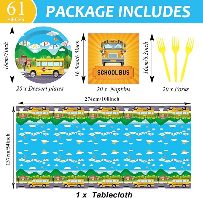School Bus Birthday Party Supplies Back to School Decorations School Bus Theme Party Tableware Includes Plates Napkins Fork and School Bus Tablecloth for Kindergarten Parties Decorations Set Serve 20