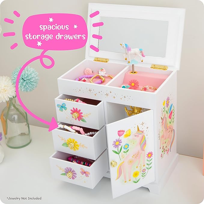 Unicorn Musical Jewelry Box for Girls - Unicorn Toys for Girls Age 4-6 - Kids Jewelry Box with Drawers - 9 x 5 x 9.3 in