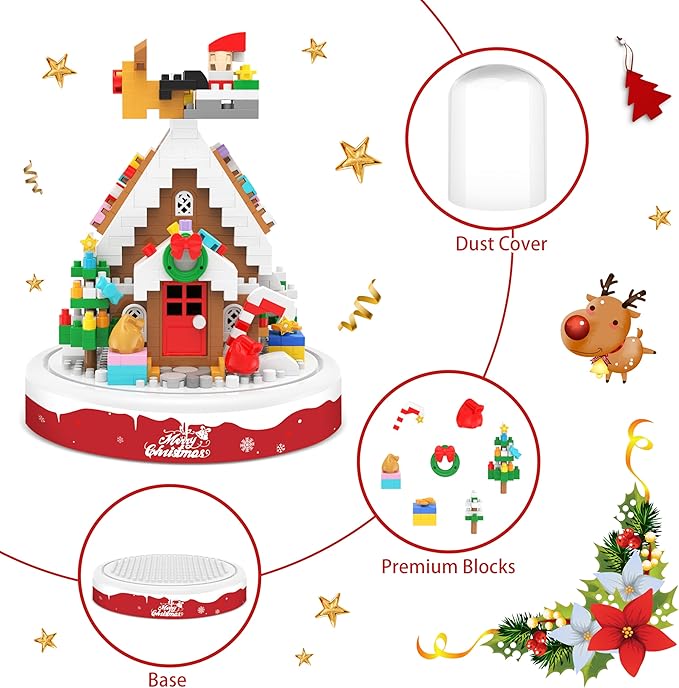 Christmas Gingerbread House Building Blocks Toy, 571 Pcs Building Sets Christmas Decoration with Dust Cover, Mini Building Kit, Holiday Display Gift for Christmas, Stocking Stuffers for Kids Adults