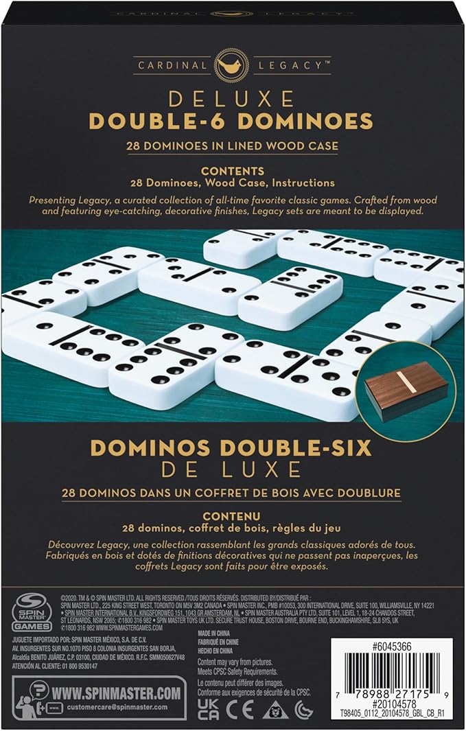Spin Master Games, Cardinal Legacy Deluxe Double-6 Dominoes, Classic Board Game Set of 28 Dominoes in Lined Wooden Case, for Kids & Family, 1-4 Players, for Ages 8 & Up
