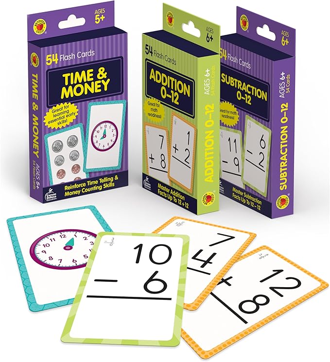 Carson Dellosa 3-Pack Math Flash Cards, Addition and Subtraction Flash Cards, Time & Money Flash Cards, 1st Grade, 2nd Grade, and 3rd Grade Math Facts Flash Cards, Card Games for Kids Ages 5+
