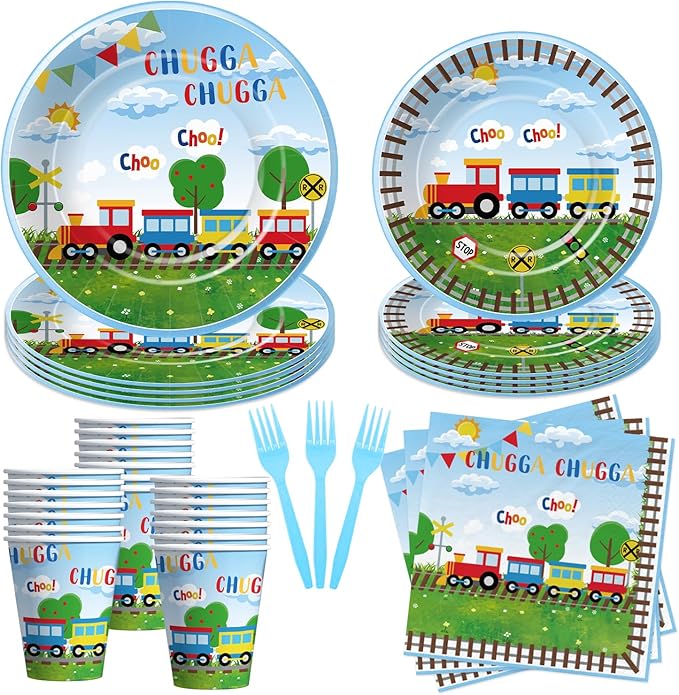 Train Birthday Plates And Napkins Party Supplies Dinnerware, Train Birthday Decorations, Plate, Cup, Napkin, Fork, Train Theme Chugga Choo Party Supplies For 1st 2nd 3rd Birthday | 24 Guests