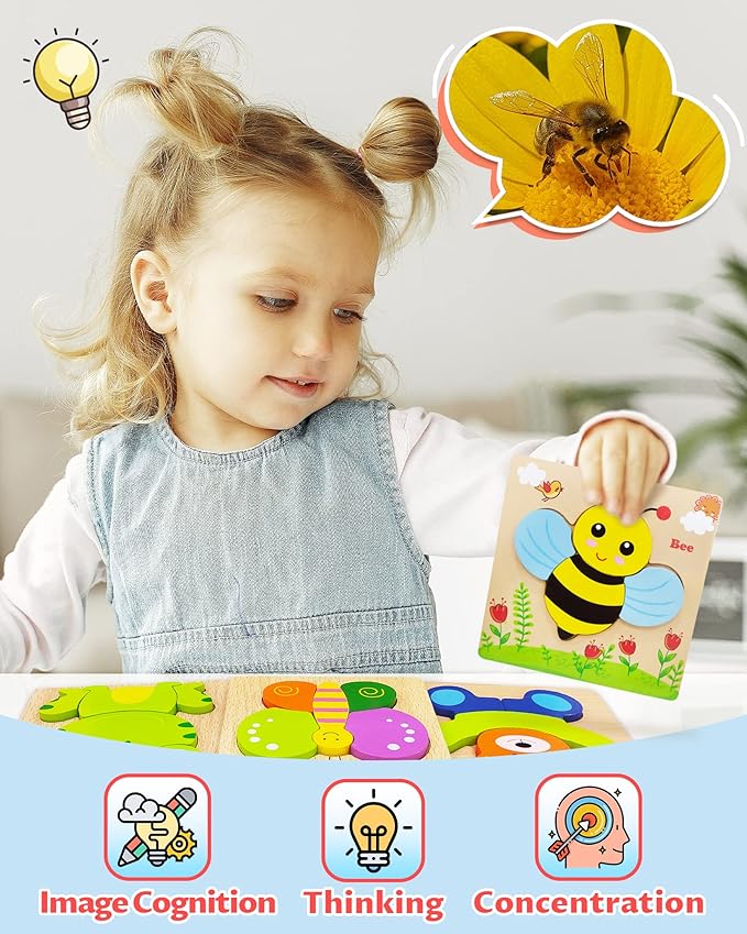 Bekayshad Wooden Puzzles Toddler Toys Gifts for 1 2 3 Year Old Boys Girls, 4 Pack Animal Jigsaw Puzzles Montessori Toys, Learning Educational Christmas Birthday Gifts for Girls Boys Ages 1-3