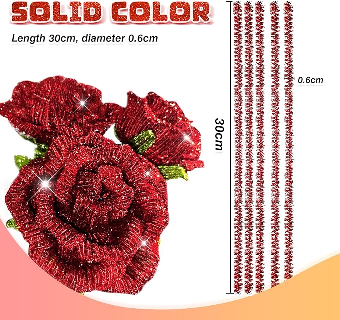TOAOB 100pcs Christmas Glitter Pipe Cleaners Red Metallic Pipe Cleaners Craft Supplies 6mm x 12 Inch Chenille Stems Pipe Cleaners for Art DIY Crafts Decorations