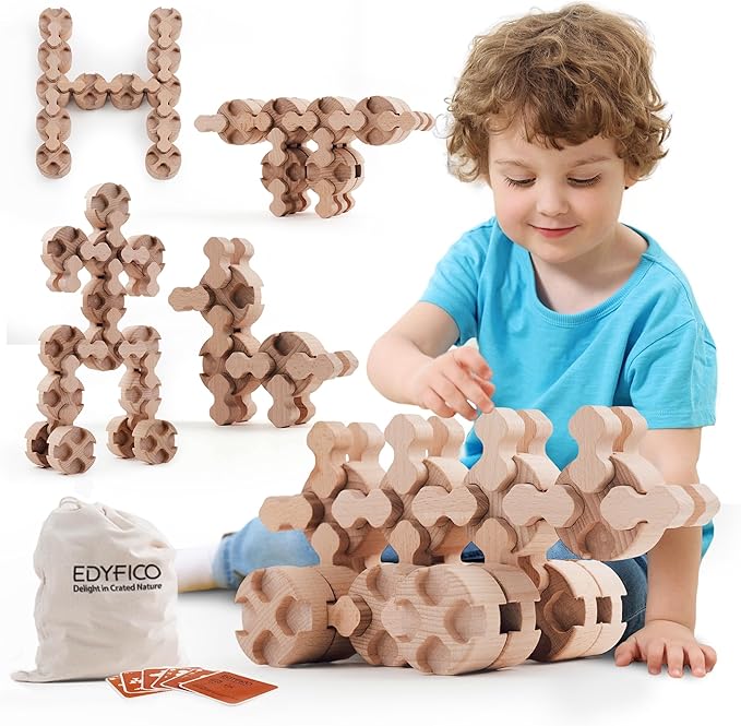 Wooden Blocks, Building Blocks for Toddlers 1-3 Building Toys Montessori Toys Sensory Toys Learning Toys STEM Toys Stacking Toys for Children with Parent-Child Interactive Cards & Storage Bag Ages 3+