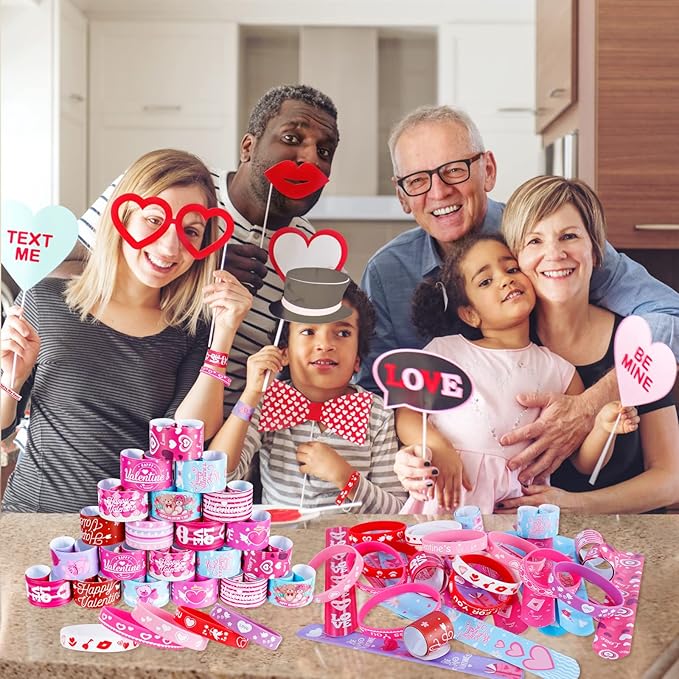 48 Pcs Valentines Slap Bracelets Rubber Bracelets Valentines Party Favors Gifts for Kids School Classroom Goodie Bag Stuffers