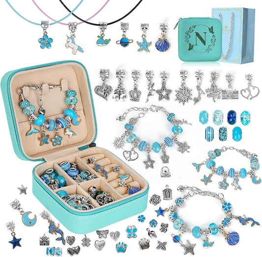 Charm Bracelet Making Kit, Kid Jewelry Making Kit for Girls 8-12, Unicorn Craft Kits for Teen Girls Toys Ages 3-10 Years Old Girl Gifts Trendy Stuff Birthday Christmas Gift with Initial Jewelry Box-N