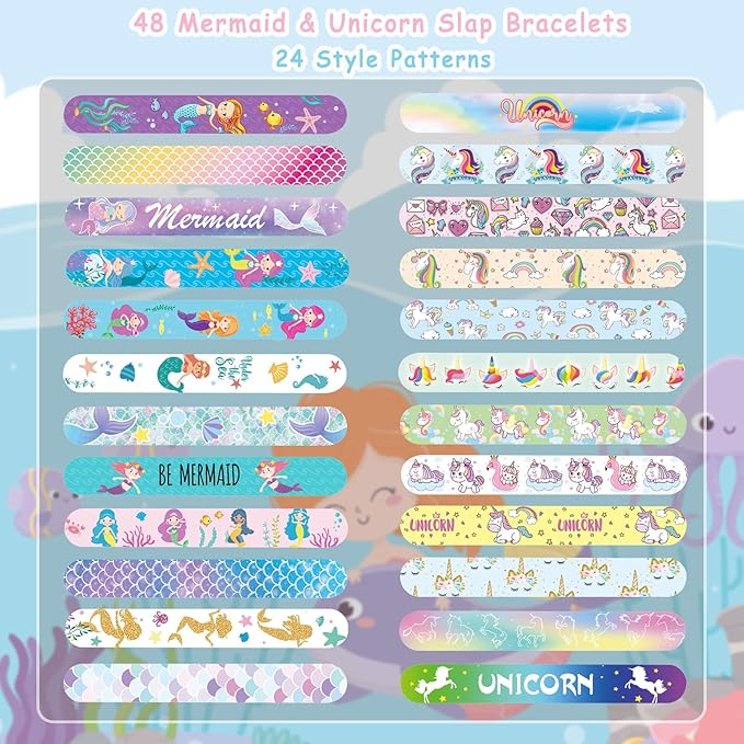 Viicoor Slap Bracelets 48PCS Unicorn Mermaids Snap Bracelet Wrisrtband for Party Favors Basket Bag Filler School Prizes Birthday Exchanging Gifts Bulk (19-Mermaids and Unicorns-48PCS)