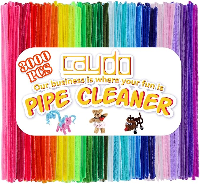 Caydo 3000 Pieces Pipe Cleaners 40 Assorted Colored Chenille Stems with 100 Pieces Wiggle Eyes for Art and Crafts, Children’s Craft Supplies (6 mm x 12 inch)
