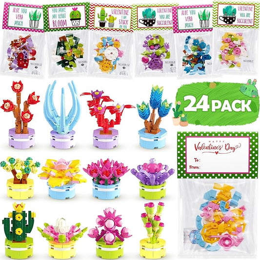 Asoulin Valentines Day Gifts for Kids, 24 Pack Succulents Plants Building Blocks with Valentines Day Cards for Kids School Classroom, Class Valentines Gift Exchange Valentine Basket Stuffers Fillers