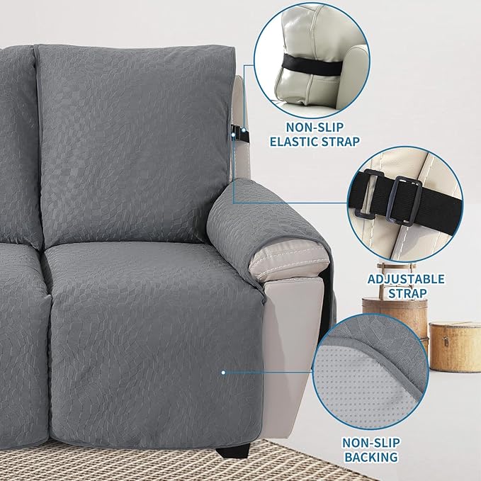 SYSLOON Water Resistant Recliner Chair Covers 3 Piceces,Heavy Duty Non Slip Recliner Chair Cover, Washable Recliner Chair Cover,Living Room Recliner Cover with Pocket for Kids and Pets,Light Grey