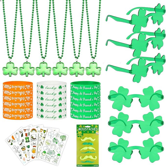 St. Patrick's Day Accessories Green Shamrock Glasses Necklaces Bracelets Temporary Tattoo Stickers Mustaches
