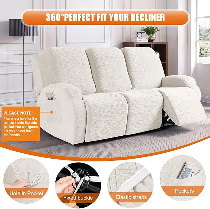 VANSOFY Recliner Cover, 3-Pieces Stretch Reclining Couch Covers with Pockets Reclining Sofa Slipcovers 3 Seater Soft Washable Furniture Protector for Dogs Cats(Off White)