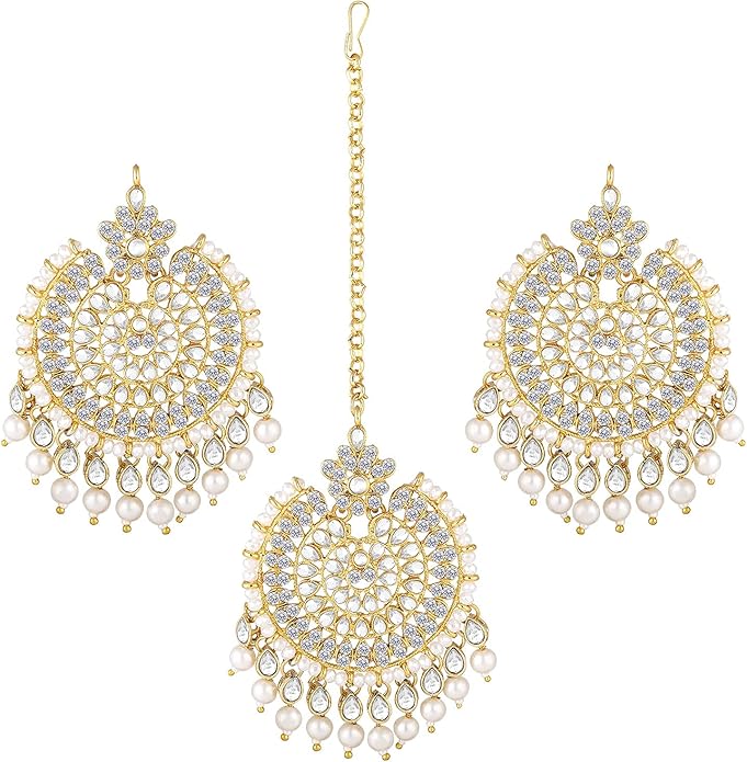 Aheli Ethnic Faux Kundan Drop Pearl Beads Dangle Earrings Maang Tikka Set Bollyood Fashion Jewelry for Women & Girls
