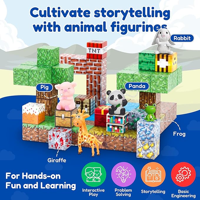 137PCS Magnetic Building Blocks Construction - STEM Magnetic Toys Sensory Set with Animal Figurines & Booklet - 1" Magnet Cube for Boys Girls, Game Based Magnetic Blocks for Kids 3-9