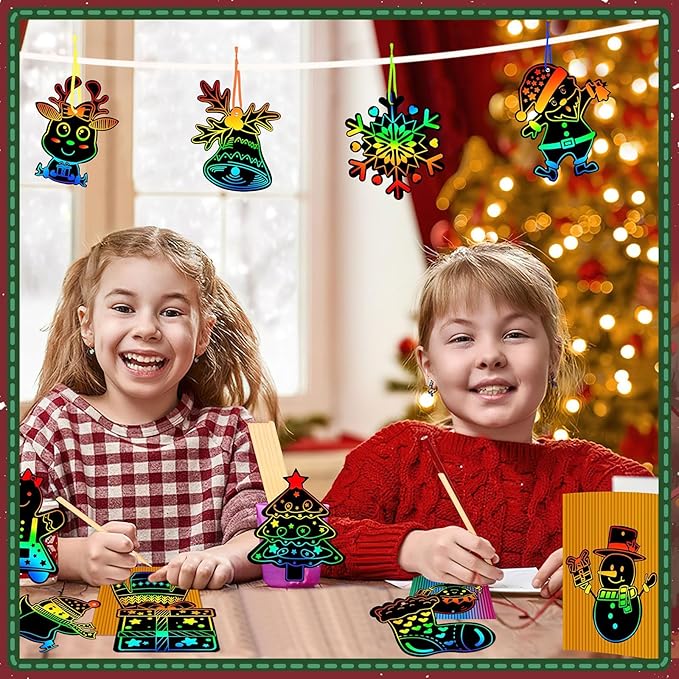 JULMELON Christmas Scratch Art, 36 PCS Christmas Crafts Kits for Kids Rainbow Magic Scratch Paper Cards Xmas Hanging Ornaments Decorations DIY Winter Holiday Party Favors