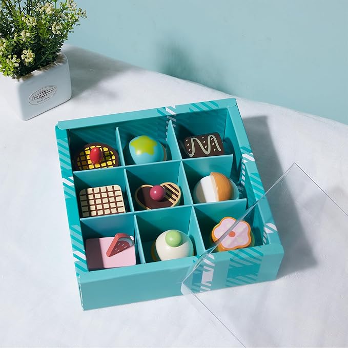 10pcs Wooden Dessert Set Toddler Pretend Play Toy Food, Sweets Playset with Muffin, Cupcake, Chocolate Cake & Roll, Kids Food Toys Play Kitchen Accessories Boys and Girls Birthday Gift