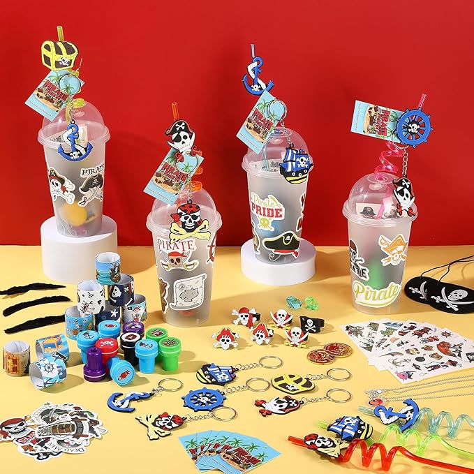 Spakon 283 Pcs Pirate Party Favors Supplies Halloween Party Include Pirate Pendants Bracelets Cup Straw Keychains Rings Eye Masks Mustache Tattoo Stickers Gold Coins Cards for Birthday Party